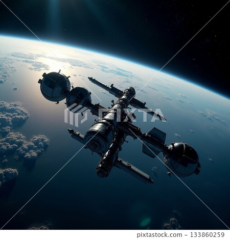 Exploring a futuristic space station orbiting Earth Generative AI 133860259