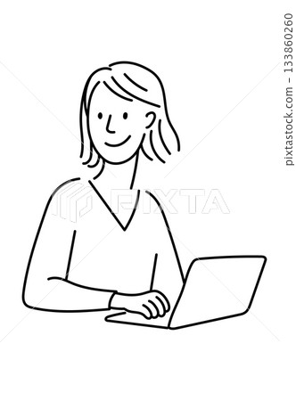 Minimalist line drawing of a smiling woman using a laptop and looking to the side. 133860260