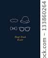 White outline icons of a hat, mustache, glasses and bow tie on dark blue with text. 133860264