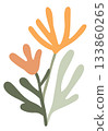 tylized plant featuring two abstract orange blooms and green leaves. 133860265