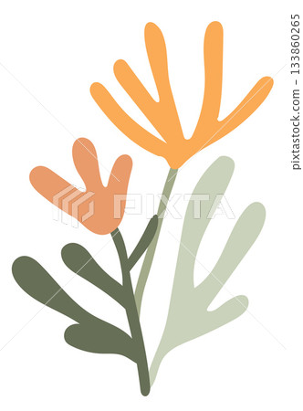 tylized plant featuring two abstract orange blooms and green leaves. tylized plant featuring two abstract orange blooms and green leaves. 133860265