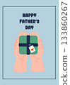 Two open hands holding a green square gift box with a heart tag on a light blue background. 133860267