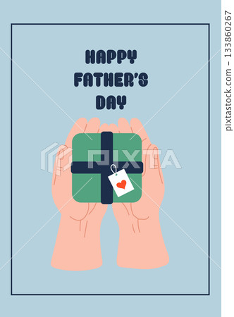 Two open hands holding a green square gift box with a heart tag on a light blue background. 133860267