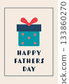 Flat illustration of a teal gift box with red dots and bow above Happy Fathers Day text. 133860270