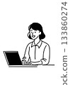 Black and white illustration of a smiling professional woman typing on a laptop. 133860274