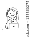 Simple doodle sketch of a happy girl sitting behind an open laptop computer. 133860275