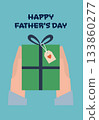 Hands holding a green gift box with blue ribbon and heart tag under Happy Fathers Day text. 133860277
