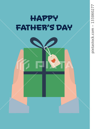 Hands holding a green gift box with blue ribbon and heart tag under Happy Fathers Day text. Hands holding a green gift box with blue ribbon and heart tag under Happy Fathers Day text. 133860277