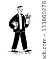 Illustration of a man walking while carrying a package and a potted plant. 133860278