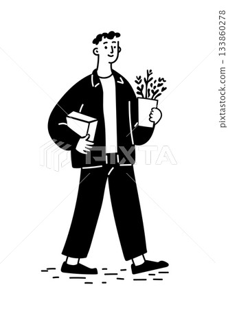 Illustration of a man walking while carrying a package and a potted plant. 133860278