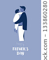 Stylized blue illustration of a father standing and holding a small child in his arms. 133860280