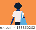 Rear view of a person with curly hair carrying a blue tote bag on an orange background. 133860282
