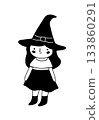 Cute black and white cartoon drawing of a little girl wearing a tall witch hat. 133860291