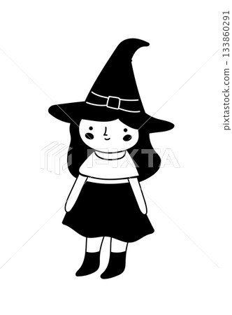 Cute black and white cartoon drawing of a little girl wearing a tall witch hat. Cute black and white cartoon drawing of a little girl wearing a tall witch hat. 133860291