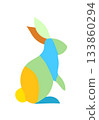 Colorful geometric rabbit illustration sitting in profile composed of flat abstract shapes. 133860294