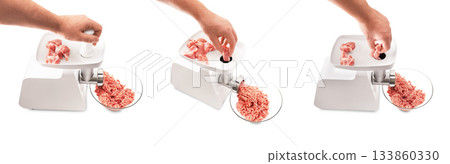 Hands placing raw meat into a white electric grinder to produce minced meat in a glass bowl, shown in three steps/views. High quality photo 133860330