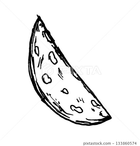 Vector drawing of a long narrow salami slice with dotted fat pattern and tapered shape. Detailed line work fits meat sets, deli compositions, pizza toppings, antipasti graphics and culinary layouts. 133860574