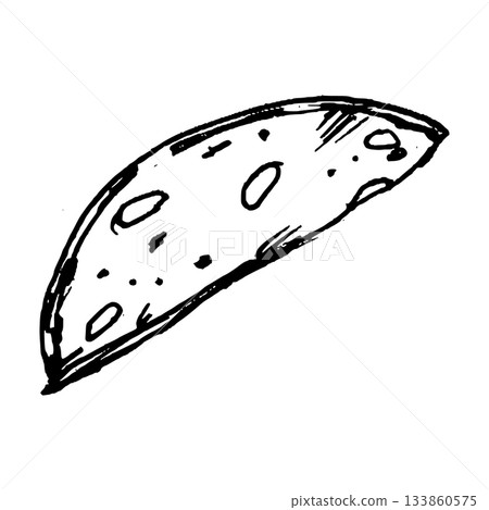 Hand-drawn vector of a thin semi-circular salami slice with visible fat dots and curved edges. Suitable for deli layouts, antipasti sets, pizza graphics, sandwiches and various cooking themes. Hand-drawn vector of a thin semi-circular salami slice with visible fat dots and curved edges. Suitable for deli layouts, antipasti sets, pizza graphics, sandwiches and various cooking themes. 133860575