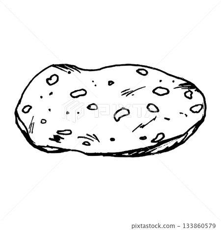 Vector illustration of a salami slice with scattered fat pieces and a rough outline. This drawing suits charcuterie themes, pizza toppings, deli ingredients and simple recipe graphics. 133860579