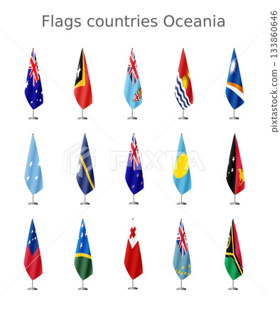 Set of flags of the countries of Oceania and Australia on a flagpole for official meetings, vector Set of flags of the countries of Oceania and Australia on a flagpole for official meetings, vector 133860646