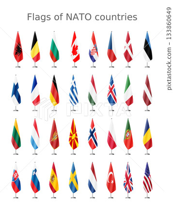 Set of NATO country flags on a flagpole for official meetings, vector 133860649