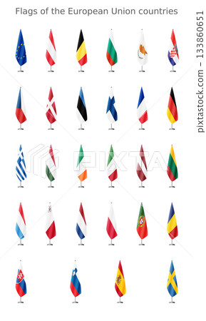 Set of flags of European Union countries on a flagpole for official meetings, no background vector Set of flags of European Union countries on a flagpole for official meetings, no background vector 133860651