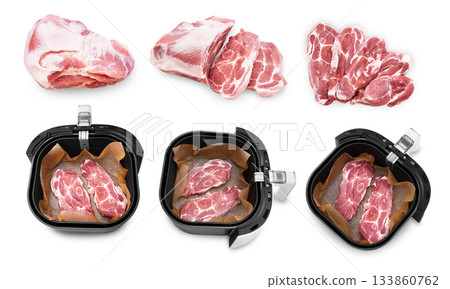 Collage showing raw pork neck meat (whole, sliced, and arranged) with slices placed inside a black air fryer. High quality photo 133860762