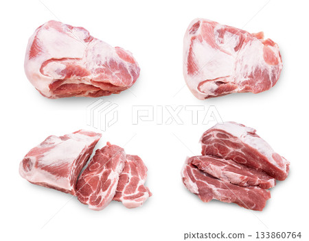 A generous pile of freshly diced raw pork meat cubes with streaks of white fat, isolated on a white or transparent background. High quality photo A generous pile of freshly diced raw pork meat cubes with streaks of white fat, isolated on a white or transparent background. High quality photo 133860764