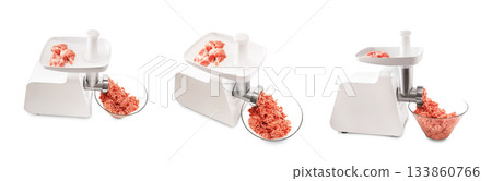 Three views of a white electric meat grinder processing raw meat into minced ground meat in a glass bowl, isolated. High quality photo Three views of a white electric meat grinder processing raw meat into minced ground meat in a glass bowl, isolated. High quality photo 133860766
