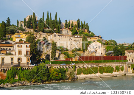 the Adige and the hillside view of Castel San Pietro the Adige and the hillside view of Castel San Pietro 133860788