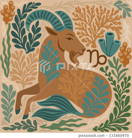 Capricorn zodiac animal and symbol in boho natural style, decorated with vibrant colorful algae and corals on soft earthy background Capricorn zodiac animal and symbol in boho natural style, decorated with vibrant colorful algae and corals on soft earthy background 133860978