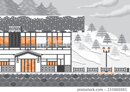 Winter cityscape with japanese architecture on forest background in pixel game classic. 133860981
