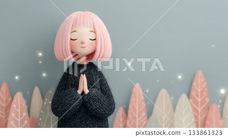 Emi stops in the forest, clasping her hands in front of her chest and taking a deep breath. Picture book style. 133861323