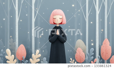 Emi stops in the forest, clasping her hands in front of her chest and taking a deep breath. Picture book style. 133861324