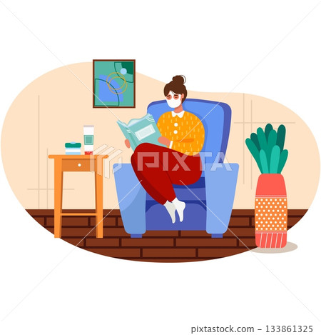 Woman with care mask reading book vector scene 133861325