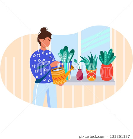 Woman watering houseplant with can flat vector Woman watering houseplant with can flat vector 133861327