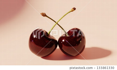 Two Cherries Connected by Stems Painted in Soft Light for Fresh Romantic Appeal 133861330