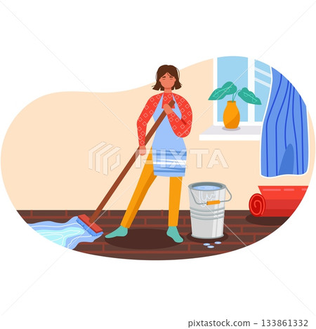 Woman cleaning home floor with mop cartoon 133861332