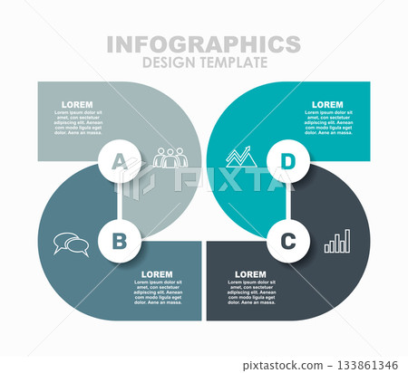 Four-step infographic with circular segments, icons, and text for business, planning, or presentation use. Vector illustration. 133861346