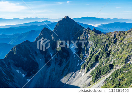 從北穗岔路口眺望前穗高岳和北脊,攀登北阿爾卑斯山脈的北穗高岳 從北穗岔路口眺望前穗高岳和北脊,攀登北阿爾卑斯山脈的北穗高岳 133861403