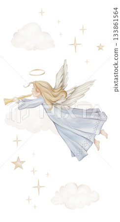 Christmas vertical composition with angel with light hair and nimbus. Watercolor illustration Christian Nativity angel with wings and stars and clouds for religious baptism invitation. 133861564