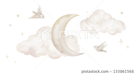 Composition with hand drawn watercolor illustration of the moon with stars and clouds for nursery wall art in light pastel beige yellow color. Bird in sky for dreamy atmosphere for kids design. Composition with hand drawn watercolor illustration of the moon with stars and clouds for nursery wall art in light pastel beige yellow color. Bird in sky for dreamy atmosphere for kids design. 133861568