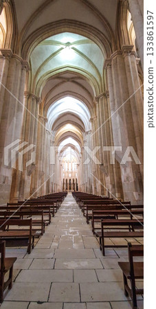 Interior of Alcobaca monastery, Mosteiro de Santa Maria de Alcobaca in Portugal. A Medieval Roman Catholic Monastery Interior of Alcobaca monastery, Mosteiro de Santa Maria de Alcobaca in Portugal. A Medieval Roman Catholic Monastery 133861597