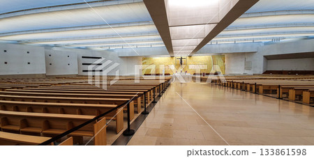 Interior of the modern Minor Basilica of Most Holy Trinity at Fatima, Portugal. 133861598