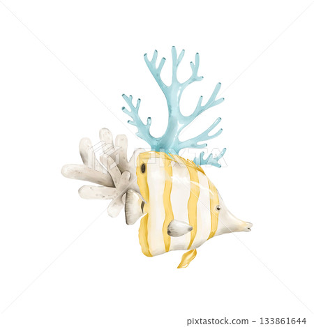Yellow butterflyfish with corals, isolated clipart. Watercolor hand drawn ocean-themed illustration. Perfect for kids apparel, nursery prints, branding, stickers, invitations and coastal decor. 133861644