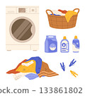 Laundry set. Washing machine, laundry basket and detergents. Pile of dirty clothes. Flat vector isolated illustration 133861802