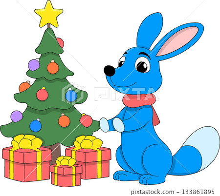 Cute Blue Cartoon Animal with Christmas Tree Gifts Cute Blue Cartoon Animal with Christmas Tree Gifts 133861895