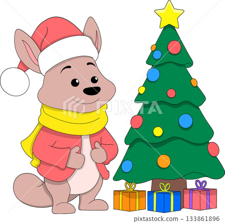 Cute Cartoon Animal Celebrating Christmas Beside Decorated Tree Cute Cartoon Animal Celebrating Christmas Beside Decorated Tree 133861896