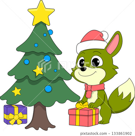 Cute Christmas Cartoon Animal with Decorated Tree and Gifts 133861902