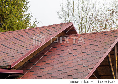 The red shingle roof of a house with distinct angles stands out against the gray sky and surrounding trees in autumn 133861982